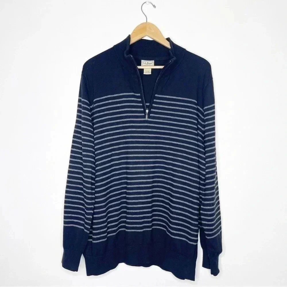 L.L. Bean Large Cotton Cashmere 1/4 Zip Pullover Sweater Size XL Black Gray